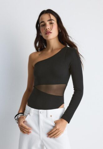 Asymmetrisk bodysuit med genomskinliga detaljer