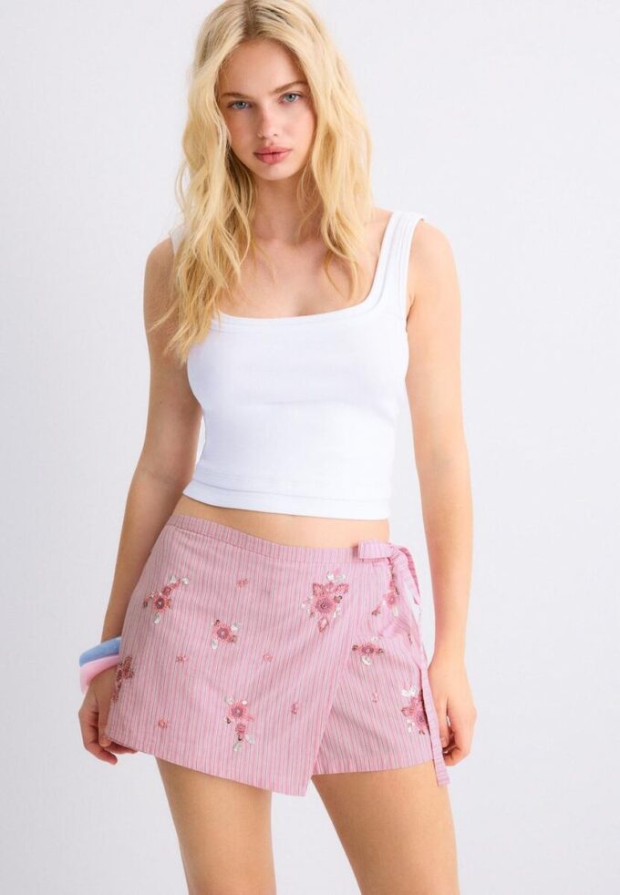 Broderad randig sarong-Skort