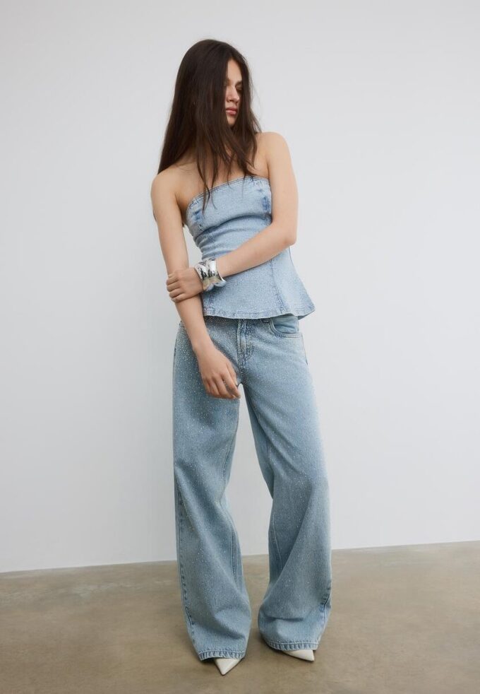 Glittrande bustier-toppar i denim
