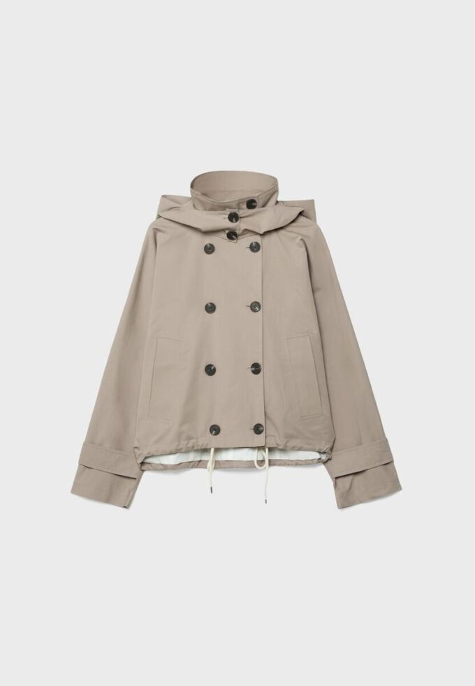 Kort trenchcoat med puffärmar och avtagbar huva