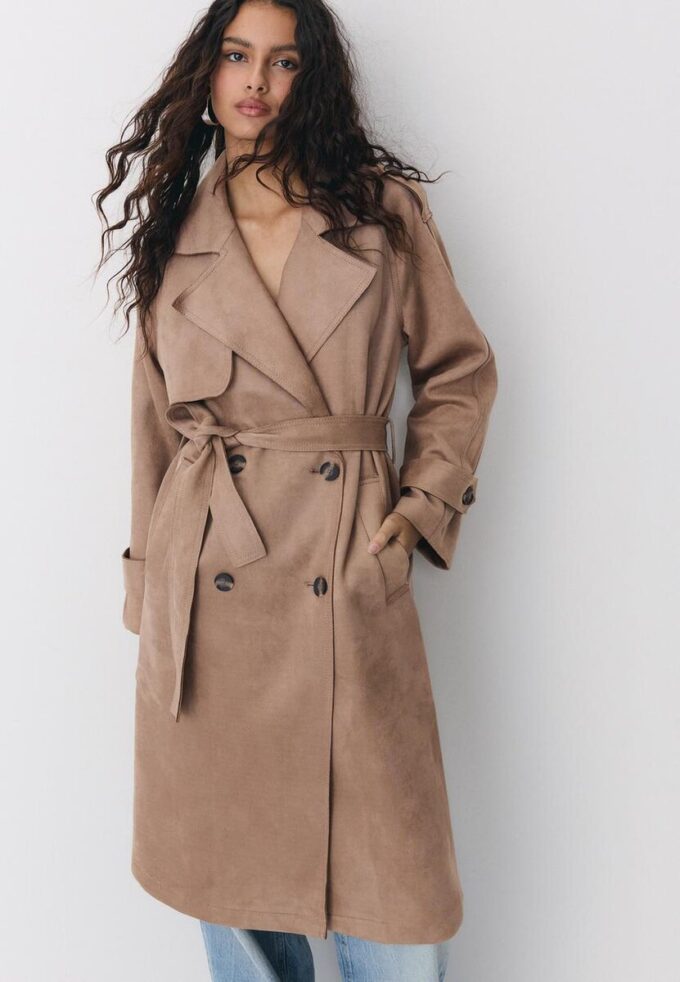 Lång trenchcoat i imitationsmocka