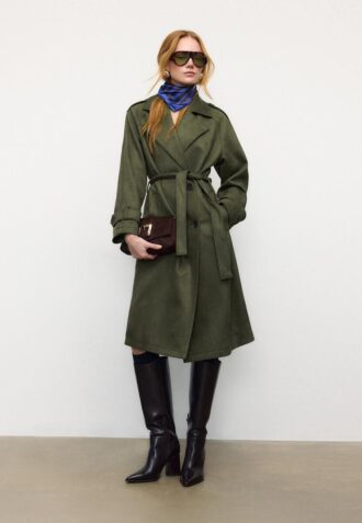 Lång trenchcoat i imitationsmocka