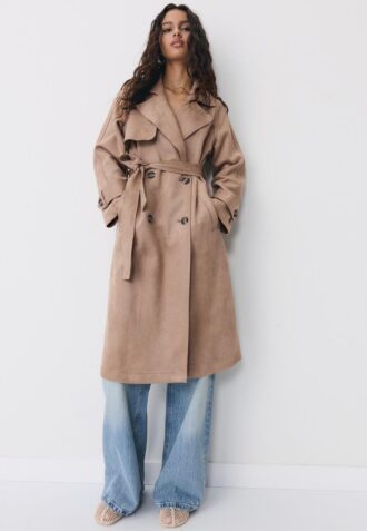 Lång trenchcoat i imitationsmocka