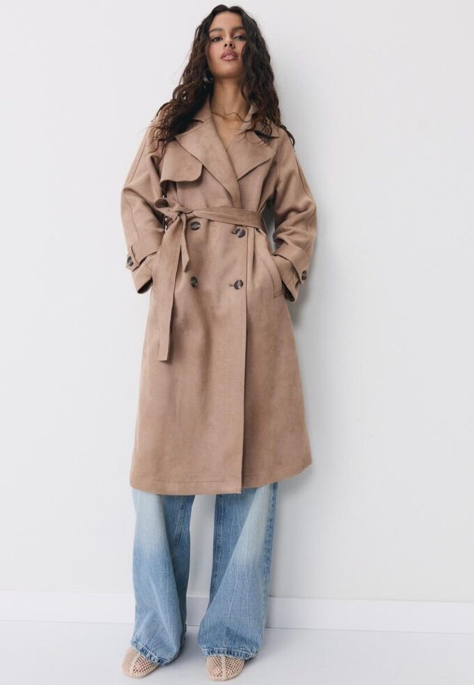 Lång trenchcoat i imitationsmocka