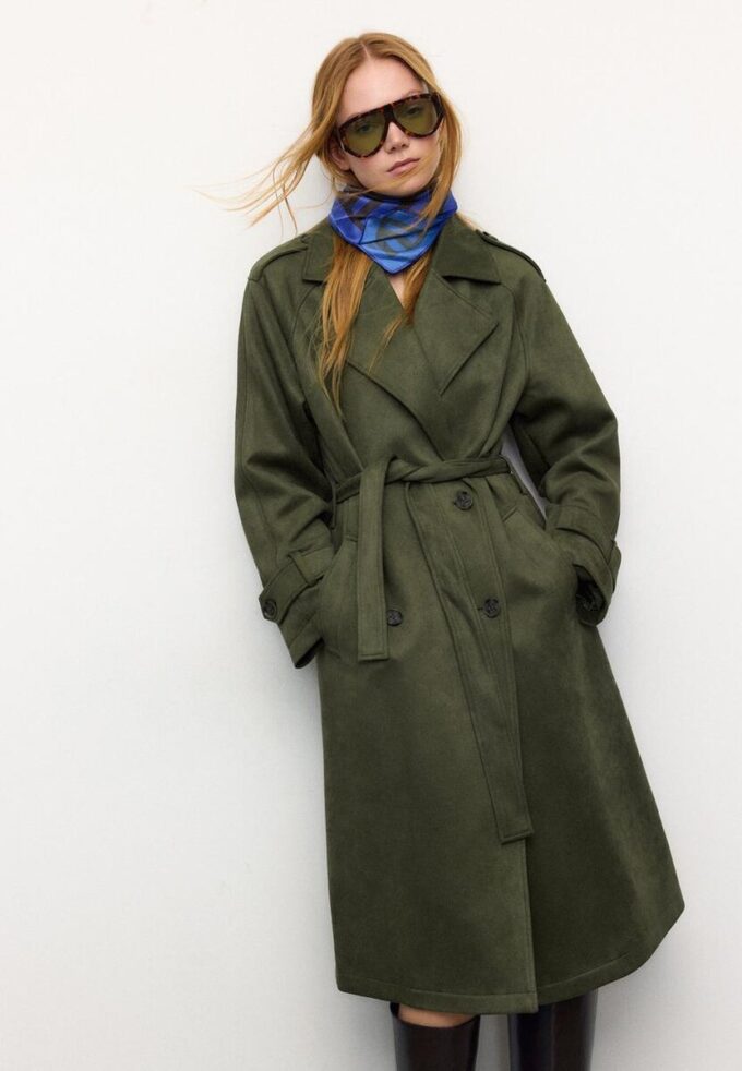 Lång trenchcoat i imitationsmocka