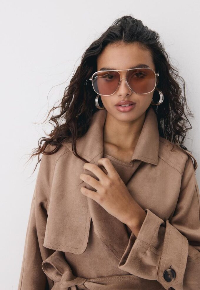 Lång trenchcoat i imitationsmocka