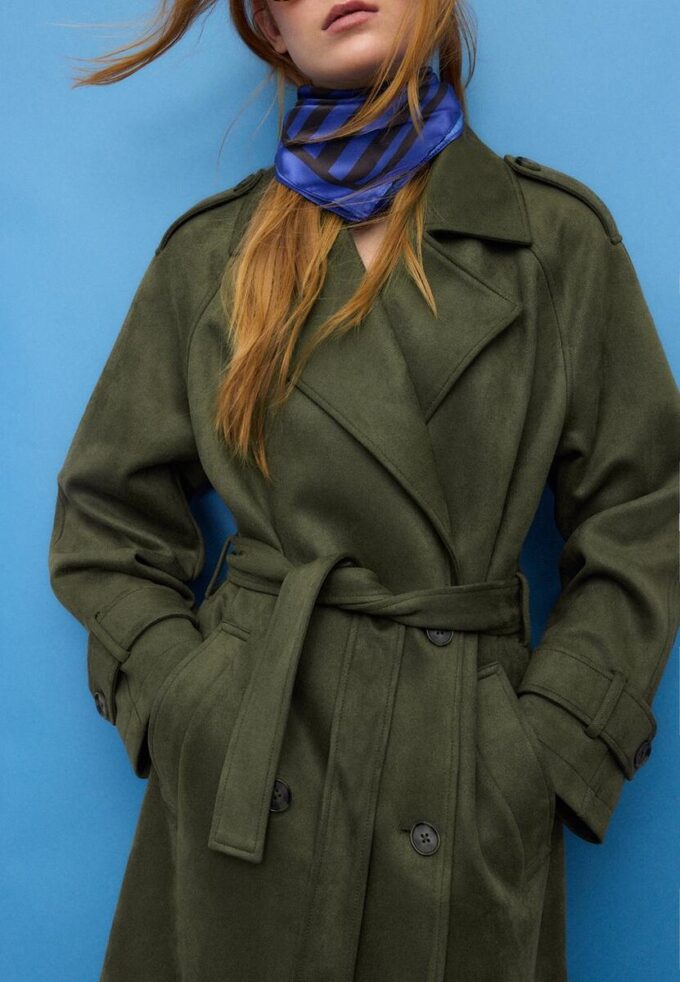 Lång trenchcoat i imitationsmocka