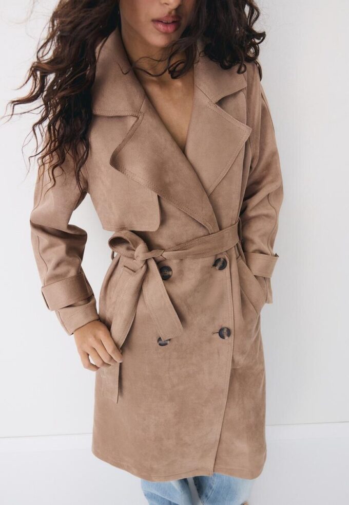 Lång trenchcoat i imitationsmocka