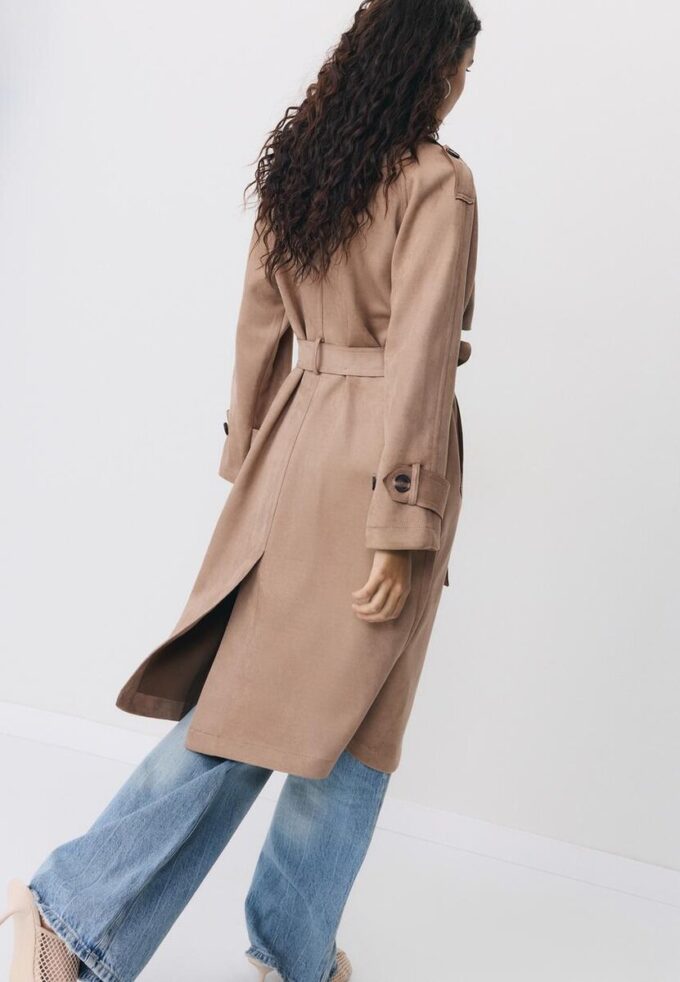Lång trenchcoat i imitationsmocka