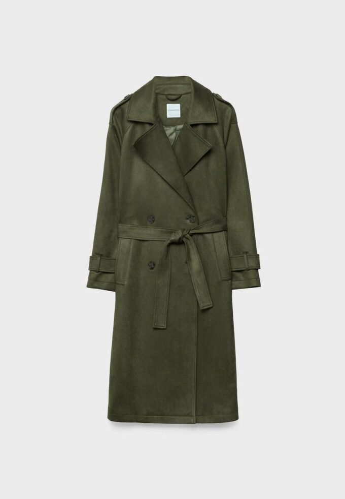 Lång trenchcoat i imitationsmocka