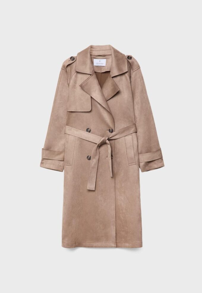 Lång trenchcoat i imitationsmocka