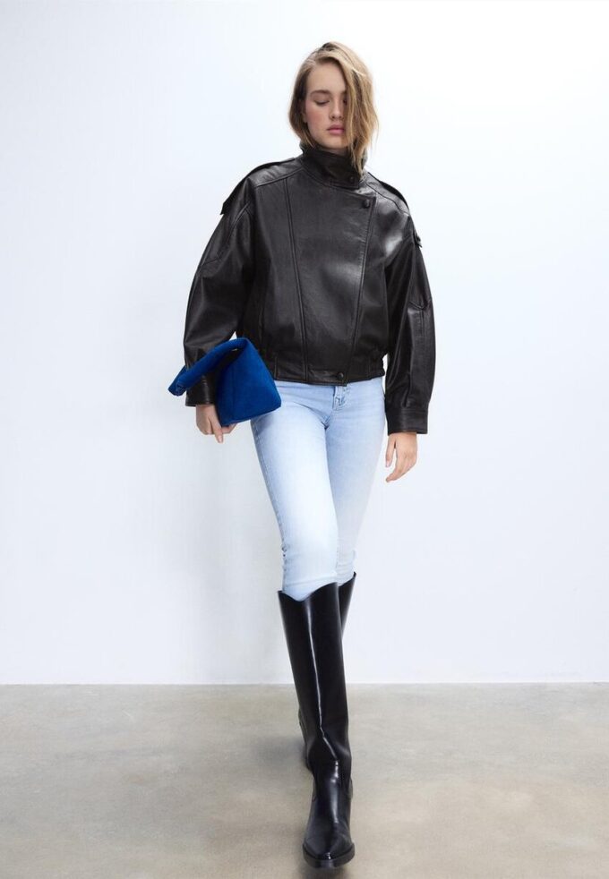 Oversize-jacka med flik i 100 % skinn Oversize-jacka med flik i 100 % skinn
