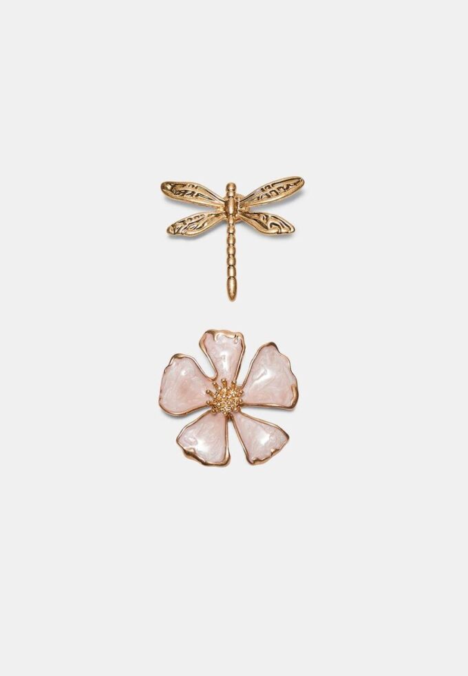 Set med 2 broscher med trollslända och blomma