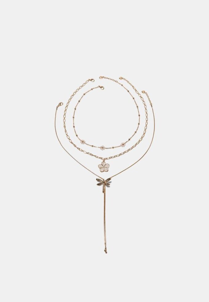 Set med 3 halsband med blommor och sländor