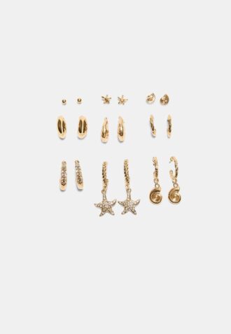 Set med 9 örhängen med strass och sjöstjärnor